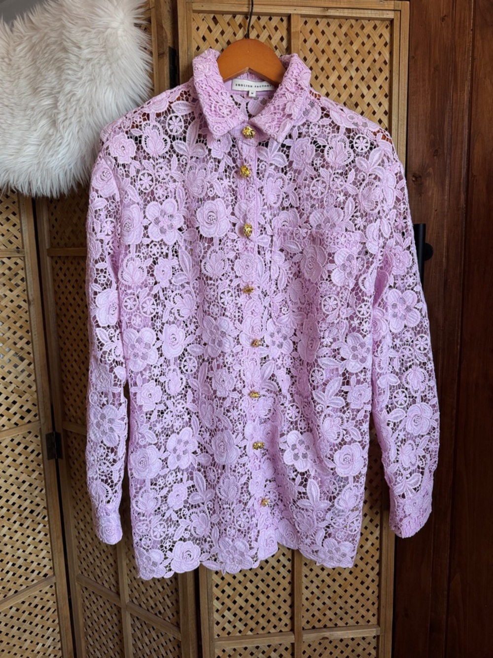 English Factory Pink Lace Crochet Button-Front Top - Picture 6 of 10